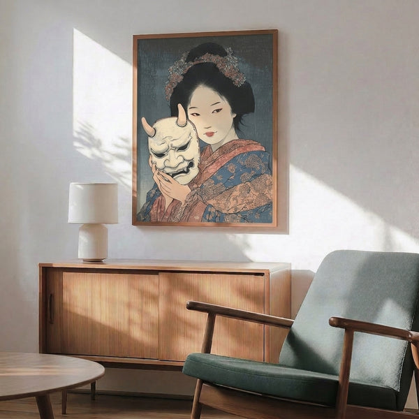Asian wall art presenting a contemplative masked figure adorned with delicate florals and textile details in cream, gray, and coral pink, inspired by classical Japanese woodblock printmaking.