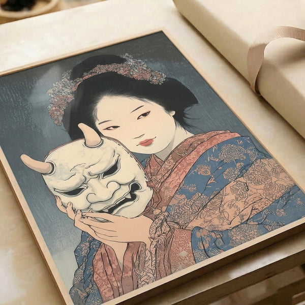 Elegant Japanese art print of a woman wearing a traditional ceremonial Noh mask surrounded by cherry blossoms and fabric, rendered in muted slate gray, cream, coral, and blue tones.