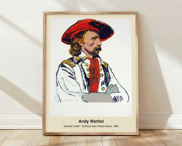 Bold pop art portrait of General Custer in vibrant primary colors and high-contrast silkscreen style, framed on wall as retro poster art.