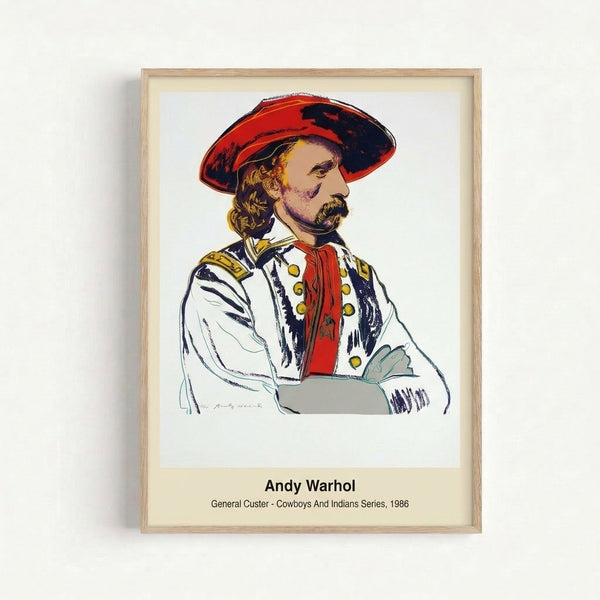 Framed pop art print featuring a historical figure in bright, eye-catching colors with glamorous silkscreen technique and critically reflective mood.