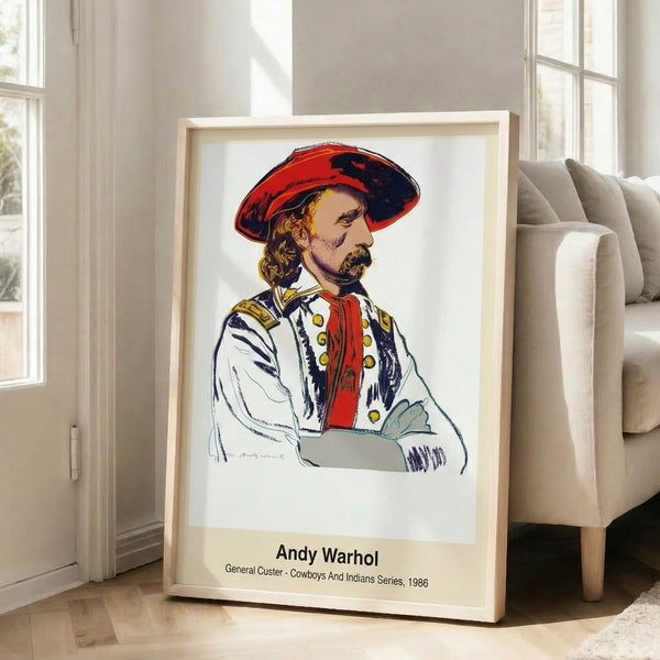 Retro pop art framed print depicting a figure in striking primary colors, silkscreen style with critically reflective and bold artistic approach.