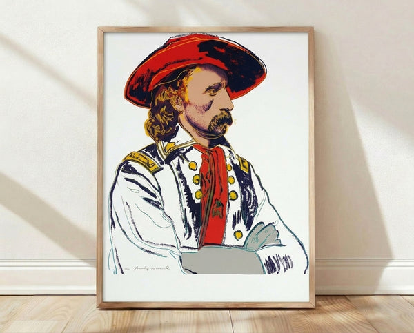 Pop art portrait of General Custer in vibrant colors, framed poster inspired by Warhol's Cowboys and Indians series with bold graphic style.