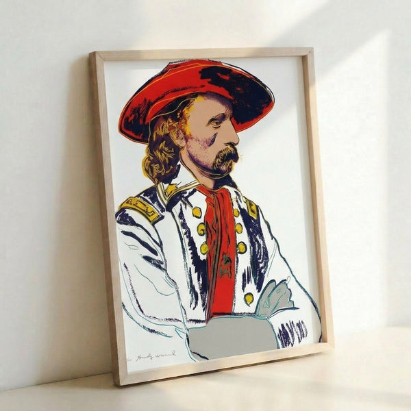 General Custer portrait rendered in vivid pop art colors, wall-mounted poster with Warhol-style bold outlines and flat color planes.