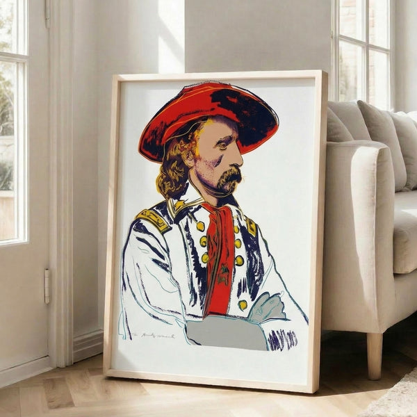 Bright pop art interpretation of General Custer on framed poster, featuring flattened forms and saturated color typical of 1980s pop art.
