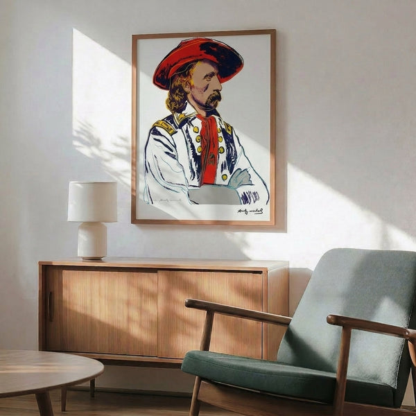 Framed print depicting General Custer in pop art style with luminous color blocking and graphic simplification from the Cowboys and Indians series.