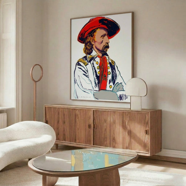 General Custer pop art poster in bold neon tones, wall-framed artwork with iconic Warhol silkscreen technique and high-impact color contrasts.