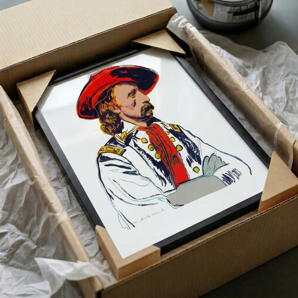 Wall-mounted pop art portrait of General Custer rendered in vivid hues with flat graphic shapes characteristic of 1986 pop art poster design.