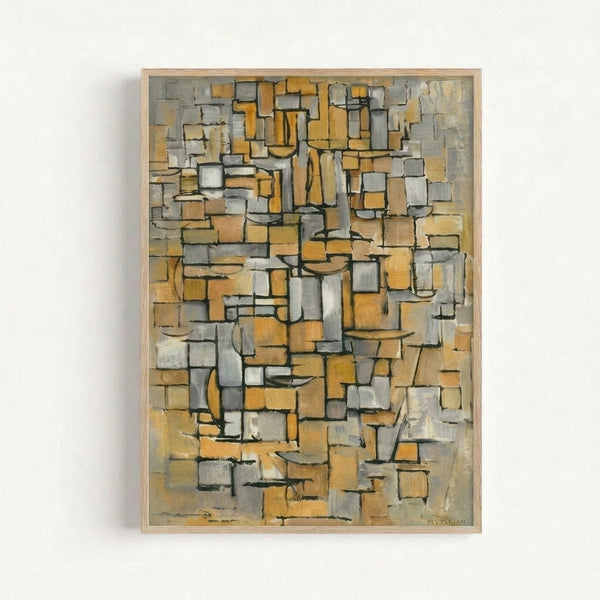 Modern minimalist art print featuring interlocking rectangles and squares in muted gold and charcoal tones, displayed as framed wall art.