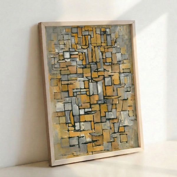 Structured geometric composition in the Bauhaus style, combining metallic gold accents with cool grays and whites in a contemplative design.
