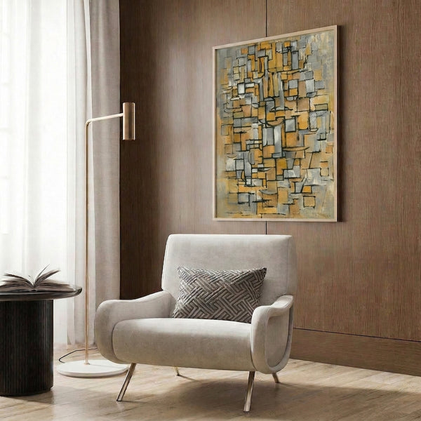Minimalist abstract poster showcasing balanced geometric patterns in warm gold, cool gray, and cream tones with Bauhaus-era sensibility.