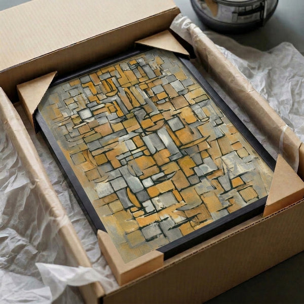 Framed abstract print featuring a contemplative arrangement of rectangles in gold, gray, white, and black with structured Bauhaus composition.