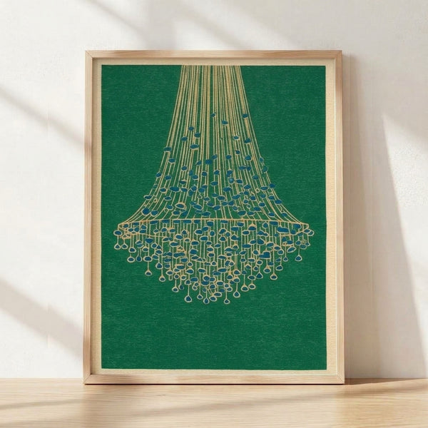 Framed Bauhaus-style poster featuring a geometric chandelier in forest green and gold on a cream background, embodying minimalist elegance and sophisticated design.