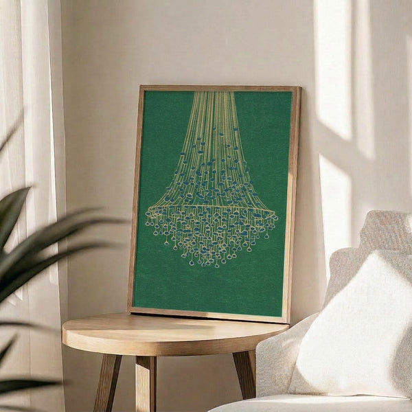 Minimalist art print of a stylized chandelier rendered in forest green, cream, and navy blue in the Bauhaus tradition, displayed as a framed wall artwork.