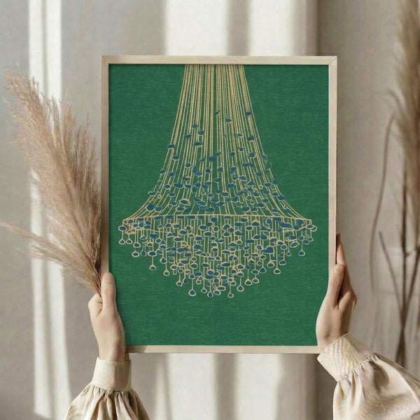 Modern geometric chandelier poster in contemplative forest green and gold tones with cream ground, reflecting Bauhaus principles of form and function.