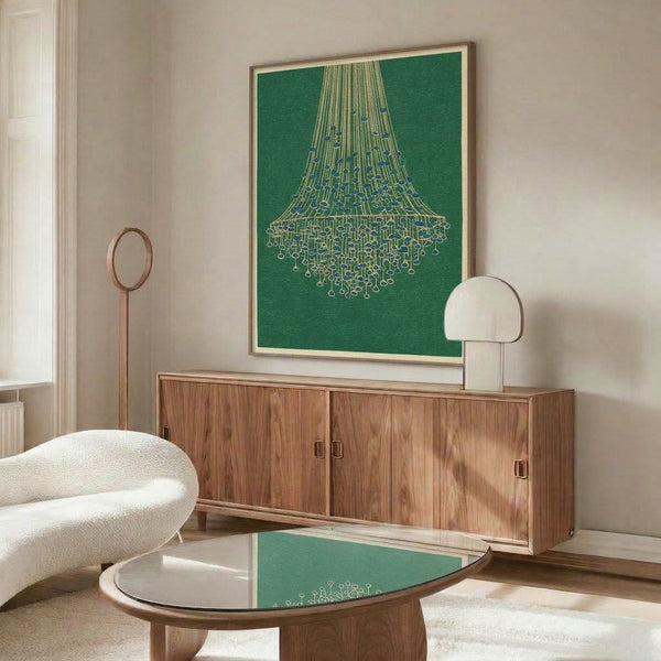 Framed contemporary Bauhaus print showcasing an abstracted light fixture in rich green, gold, and navy palette against a neutral cream backdrop.