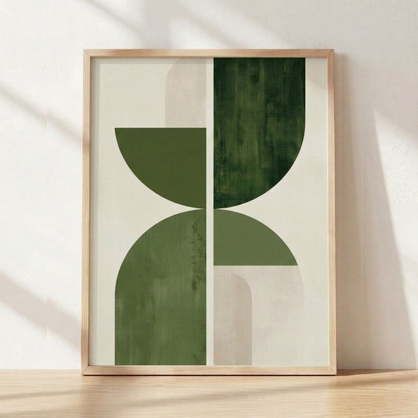 Minimalist framed poster featuring two sage green geometric arches in modern mid-century style against a cream background, creating a calm and balanced aesthetic.