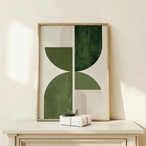 Contemporary wall art print with olive and sage green arched shapes on beige, displaying serene japandi-inspired geometric design in a simple frame.