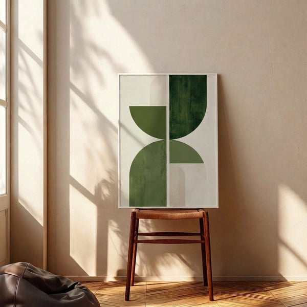 Zen-inspired framed poster showcasing paired arch forms in muted sage tones, embodying minimalist mid-century modern style with wabi-sabi sensibility.