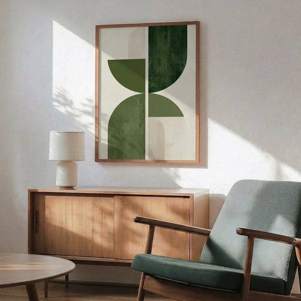 Calm modern wall art displaying two geometric arches in sage green and cream, evoking tranquil japandi design principles in a minimalist composition.