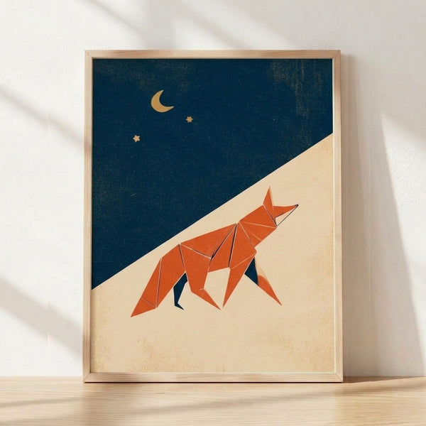 Minimalist geometric fox in burnt orange and cream sitting beneath a crescent moon and stars in a deep teal desert landscape, framed as a modern wall art print.