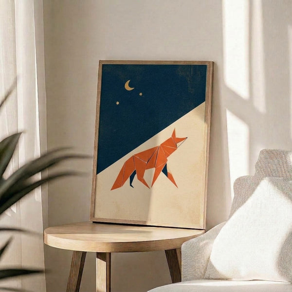 Whimsical modern art print featuring a simplified fox silhouette in warm orange tones beneath a crescent moon in a contemplative desert scene with deep teal background.