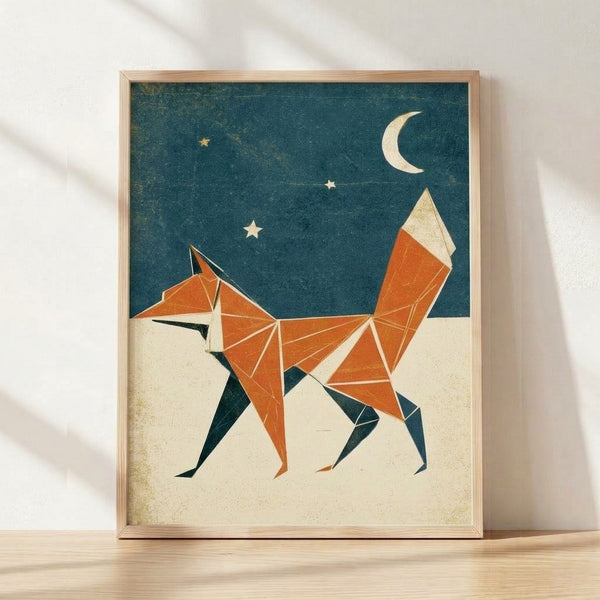 Minimalist geometric fox in teal and burnt orange sits beneath a golden crescent moon surrounded by stars, framed poster art with cream background and wabi sabi aesthetic.