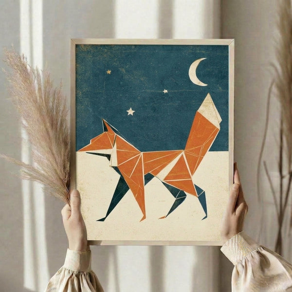 Whimsical framed poster featuring a stylized fox in geometric shapes rendered in teal, burnt orange, and gold against a cream background with crescent moon and starry night sky.