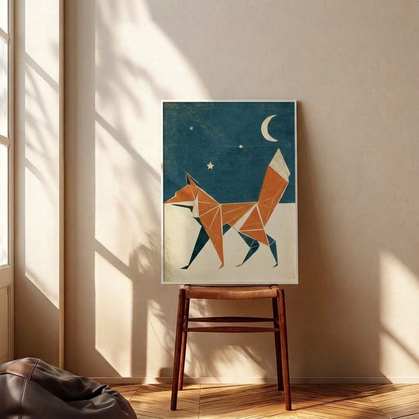 Contemplative geometric fox design in muted teal and burnt orange hues with a golden crescent moon above, minimalist modern art print with calm, wabi sabi aesthetic.