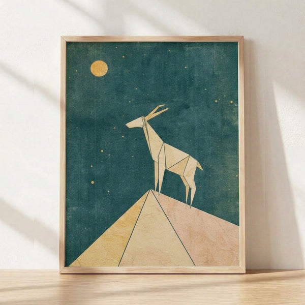 Minimalist line art poster of a geometric deer beneath a golden moon with mountains and stars in teal, cream, and warm tan tones, framed on a wall.
