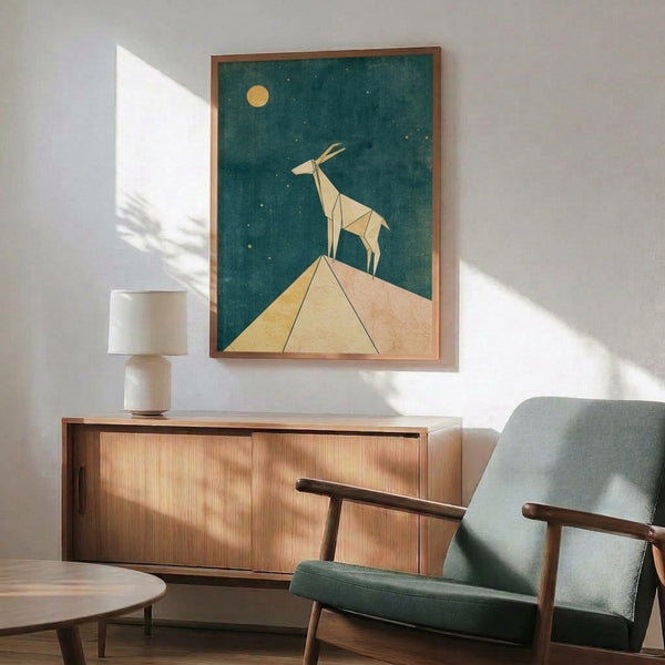 Serene modern art print featuring an origami-style deer gazing upward at a glowing moon surrounded by starlight and mountain silhouettes in calm earth tones.