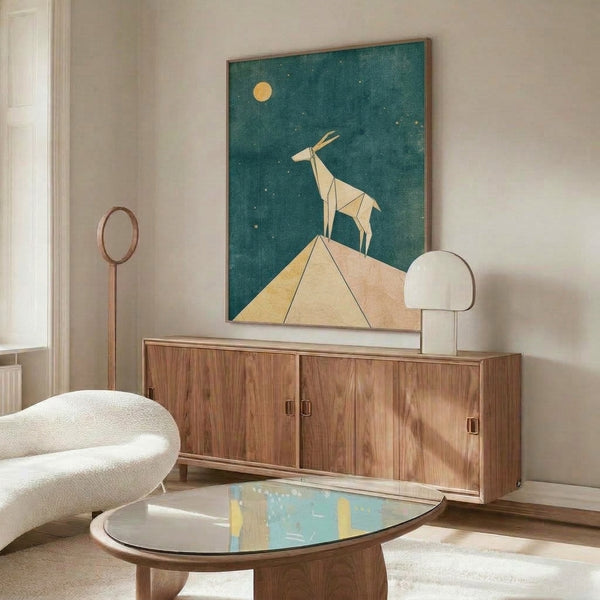 Contemplative framed wall art depicting a geometric deer figure under a luminous golden moon with sparse stars and minimalist landscape in soothing teal and cream.