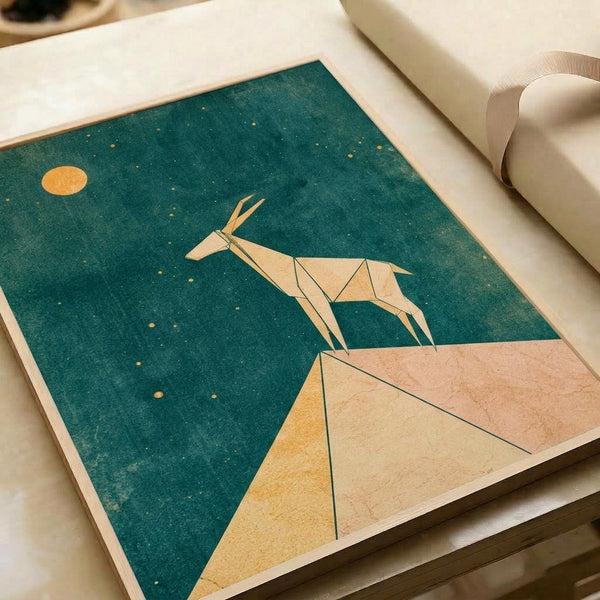 Modern minimalist poster showing an abstract deer form beneath an elegant moon with aspirational starry sky, rendered in warm tan, gold, and teal hues.