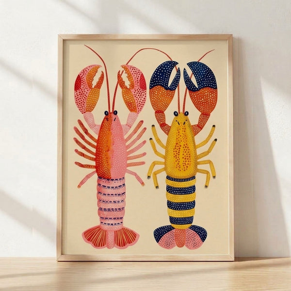 Whimsical folk art poster featuring two colorful lobsters in coral red, golden yellow, and navy blue on a cream background, displayed as a framed print with minimalist Japandi style.