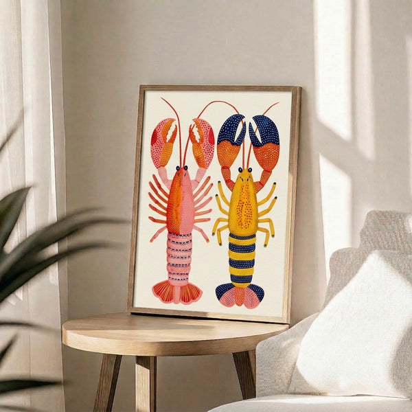 Playful crustacean wall art showing two decorative lobsters rendered in warm orange and red tones with blue accents, combining folk art charm and minimalist design sensibility.