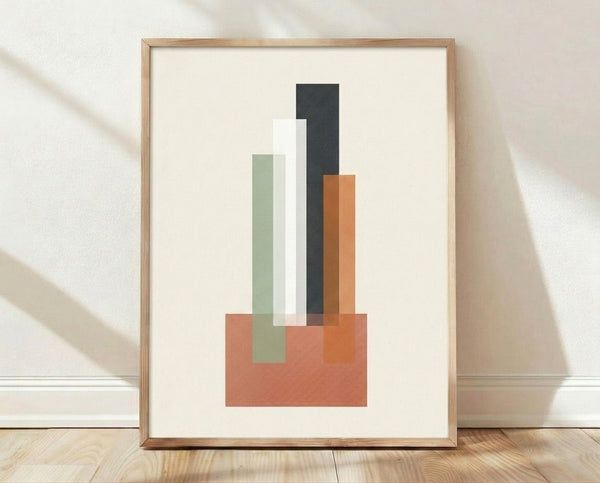 Abstract Bauhaus poster with stacked rectangular forms in sage green, terracotta, charcoal, and cream on an off-white background, framed on a wall.