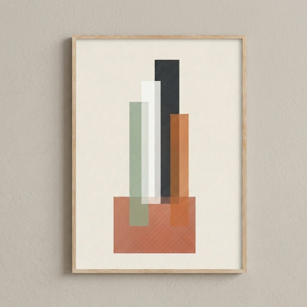 Minimalist geometric art print featuring layered architectural blocks in muted earth tones and sage green, evoking calm modernist design.