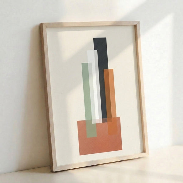 Framed poster displaying stacked rectangular shapes in a restrained palette of cream, sage green, and charcoal gray, structured in Bauhaus style.