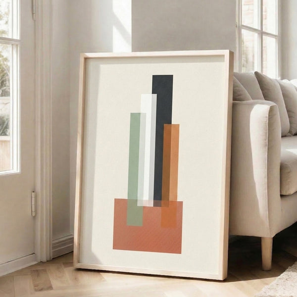 Contemporary geometric wall art with interlocking rectangular forms in terracotta, sage green, and neutral tones, creating a contemplative Bauhaus composition.