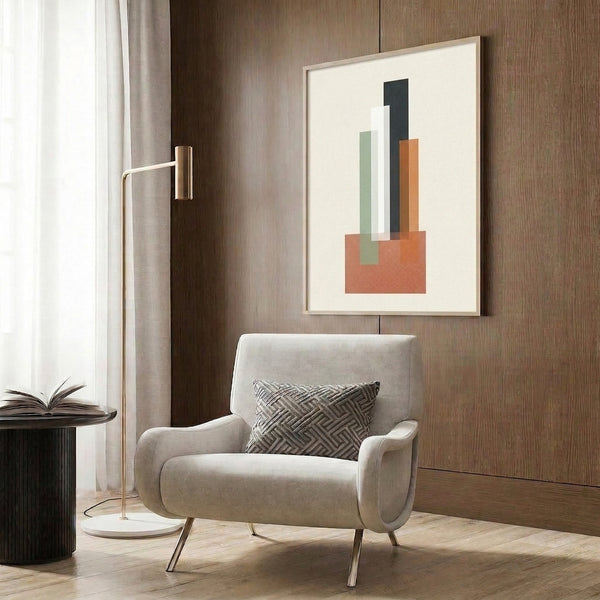 Minimalist architectural poster with stacked blocks in soft sage green, cream, and charcoal, arranged in a balanced, structured arrangement.