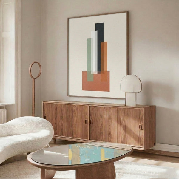 Bauhaus-inspired framed art print showing layered rectangular volumes in muted greens, grays, and warm earth tones on a light background.