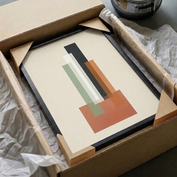 Abstract modernist poster with stacked geometric rectangles in sage green, terracotta, charcoal, and off-white, displaying serene architectural balance.