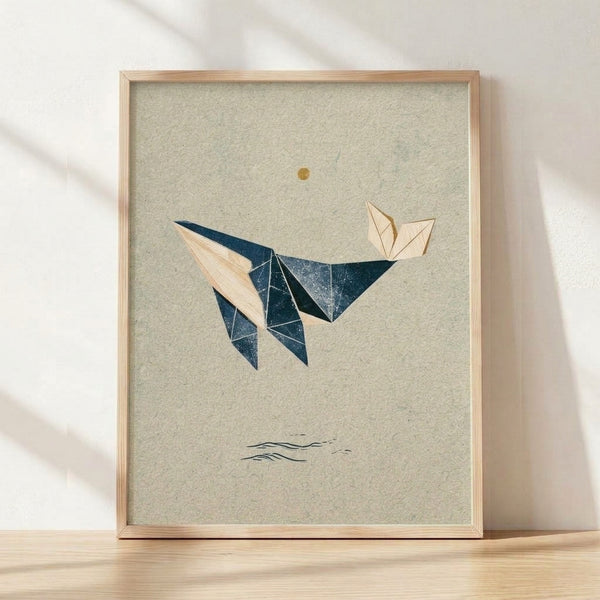 Minimalist framed poster of an origami-style whale rising through calm navy and cream waters, with warm ochre sun above in serene Japandi aesthetic.