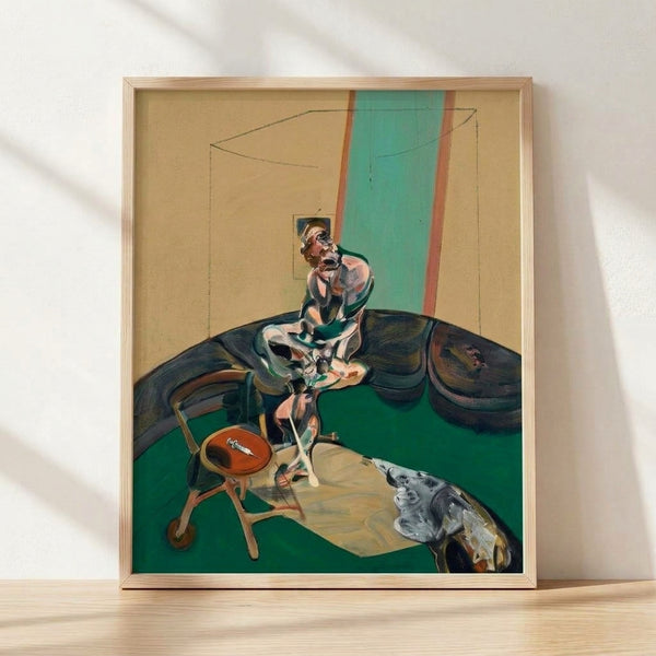 Abstract Francis Bacon portrait of George Dyer adjusting a curtain cord, rendered in expressive brushstrokes with muted earth tones and gestural forms against a neutral background.