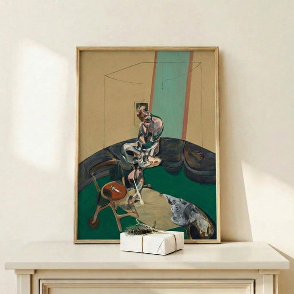 Francis Bacon's George Dyer Fixing The Cord Of A Curtain, a figurative abstract work featuring a solitary figure in contemplative pose with dynamic, loose brushwork in subdued palette.