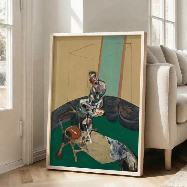 Framed modern art print depicting George Dyer in Francis Bacon's distinctive distorted figurative style, with muted browns and grays creating an introspective, intimate mood.