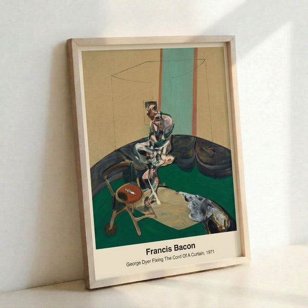Psychologically complex modern art print showing a figure focused on a domestic task, executed in charcoal and burnt orange tones with existential weight.