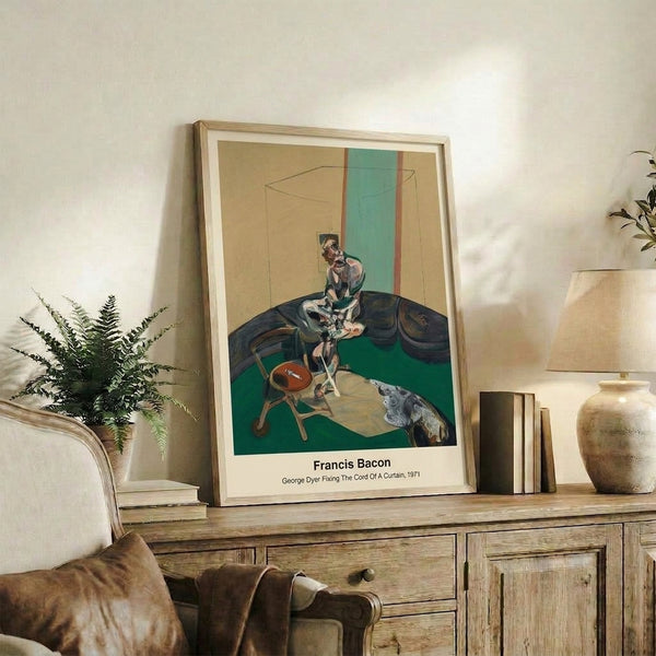 Modernist framed poster depicting an introspective moment—a figure attending to a curtain cord—in a muted palette of charcoal, cream, and warm orange hues.