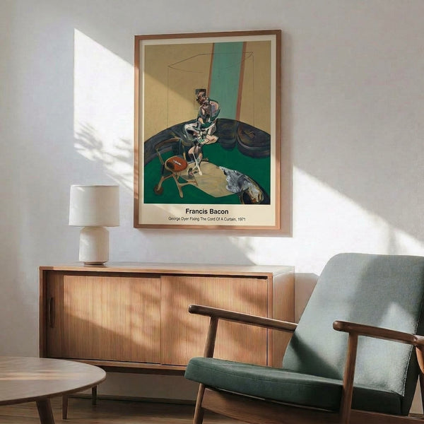 Abstract expressionist artwork exploring psychological depth through the image of a man and interior fixture, dominated by gray and orange tones.