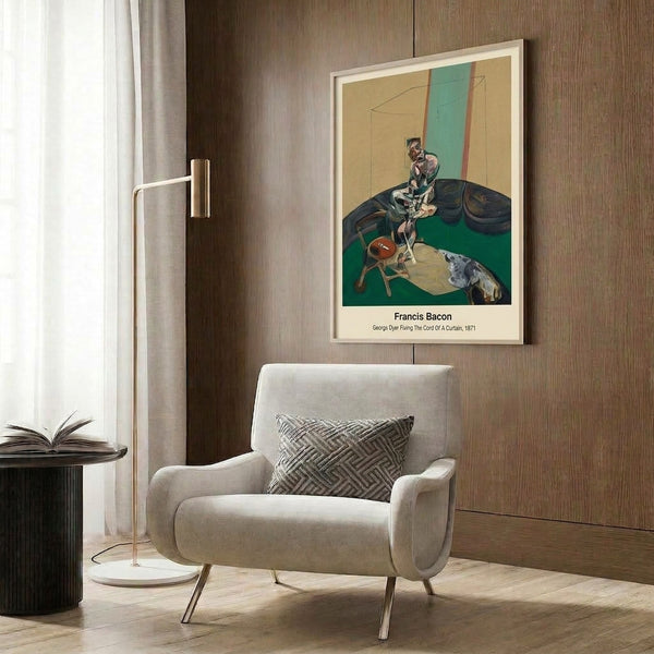 Contemporary art print with unsettling, introspective quality showing a figure and curtain cord in an abstract interior, rendered in charcoal, orange, and cream.