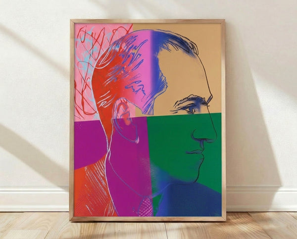 Pop art portrait of George Gershwin in vibrant colors, featuring bold geometric shapes and layered silkscreen printing in the style of Andy Warhol's Ten Portraits of Jews of the Twentieth Century.
